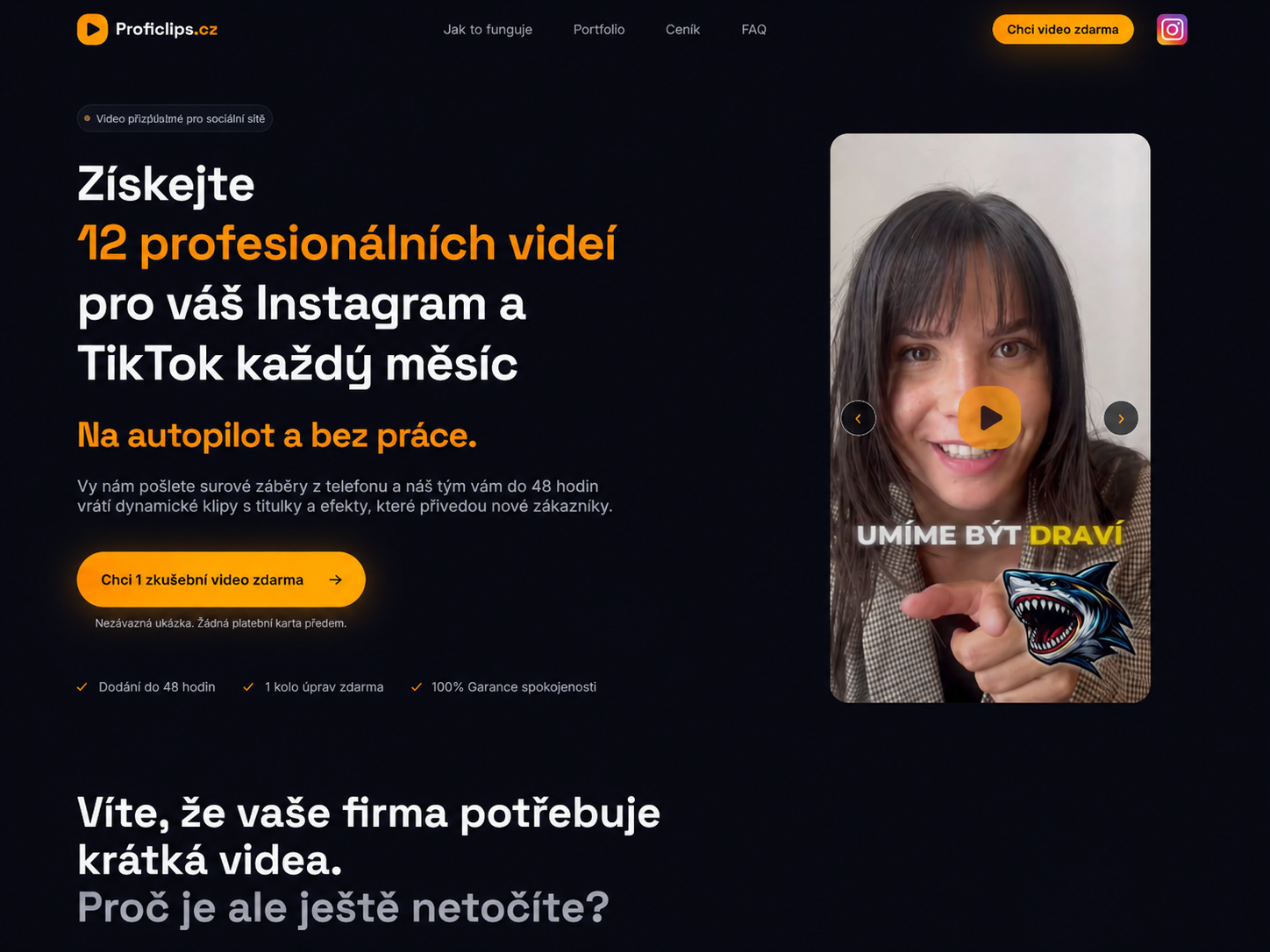 Desktopové zobrazení webu ProfiClips.cz s navazující sekcí