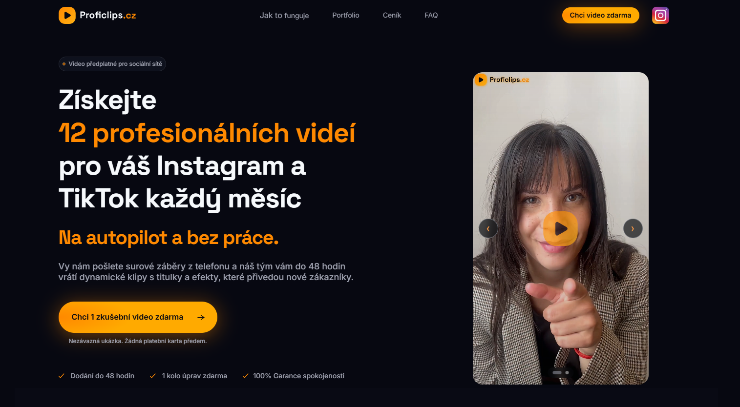 Desktopová hero sekce webu ProfiClips.cz